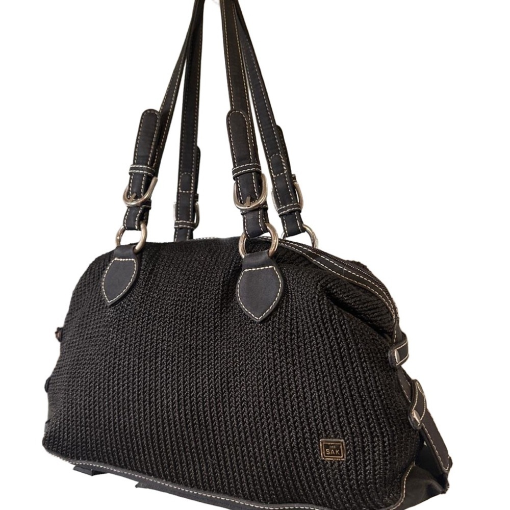 THE SAK Black Crochet Double Strap Shoulder Baguette Zip w/ Contrast Stitch